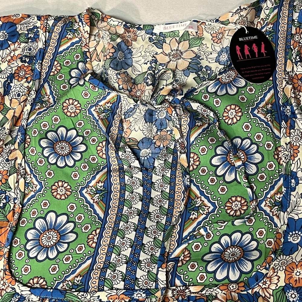 Bluetime Women Dress Boho V-Neck 3/4 Sleeve Babydoll Floral Festival Flowy 2XL - Picture 14 of 14